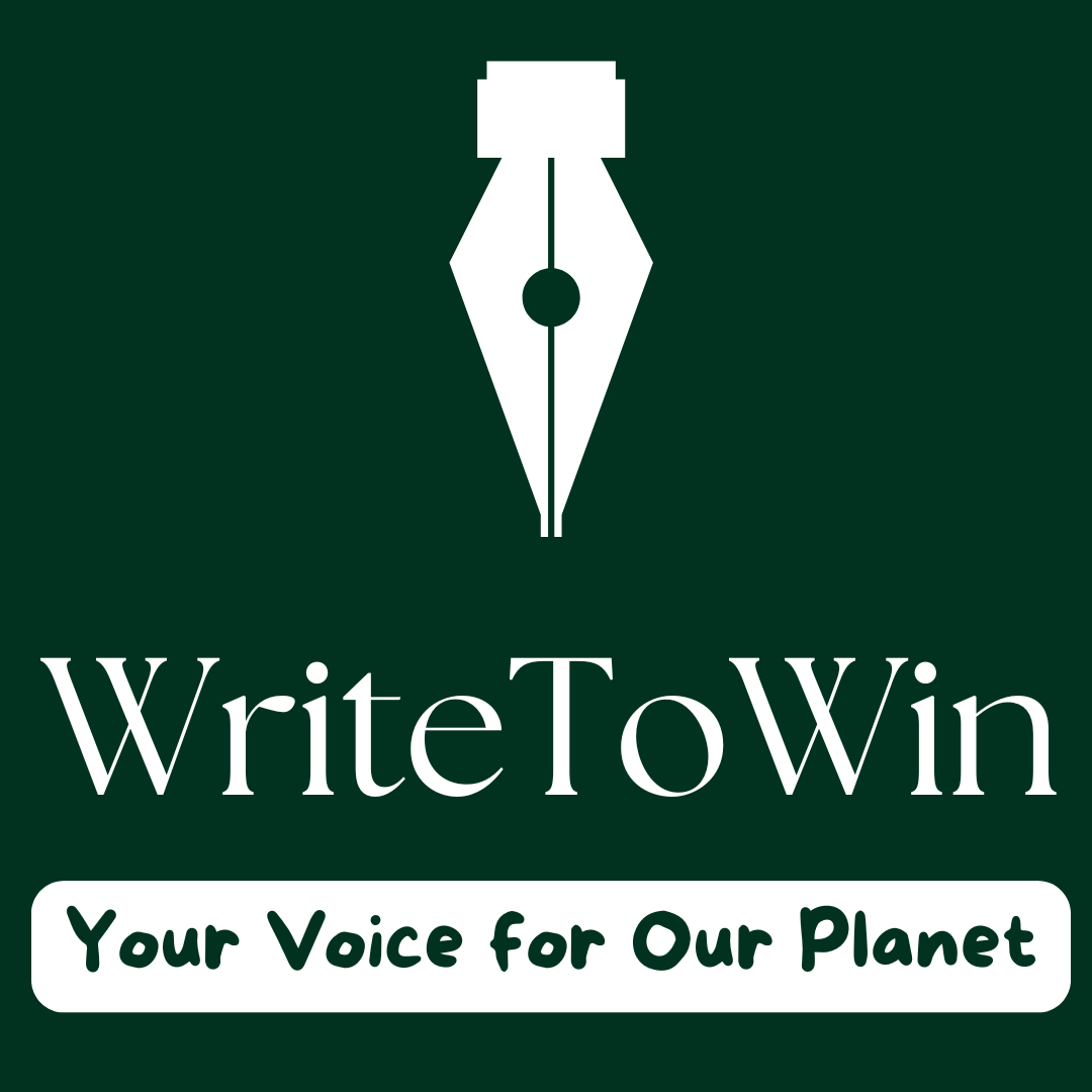 ink pen nib with green background; written WriteToWin and Your Voice for Our Planet on it