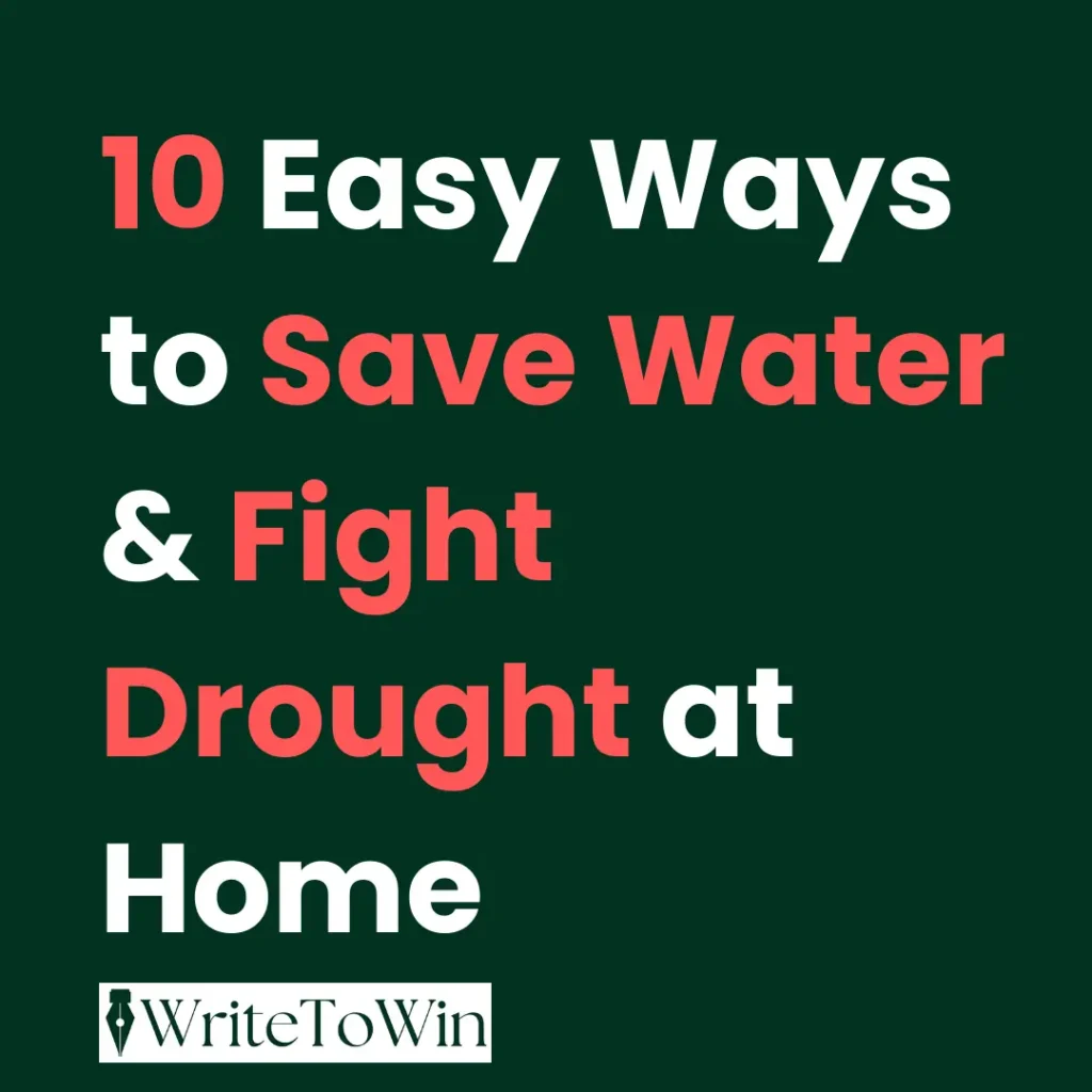 Water conservation methods at home: a hand fixing a leaky faucet, a rain barrel collecting water, and a person choosing a water-saving flush on a toilet.