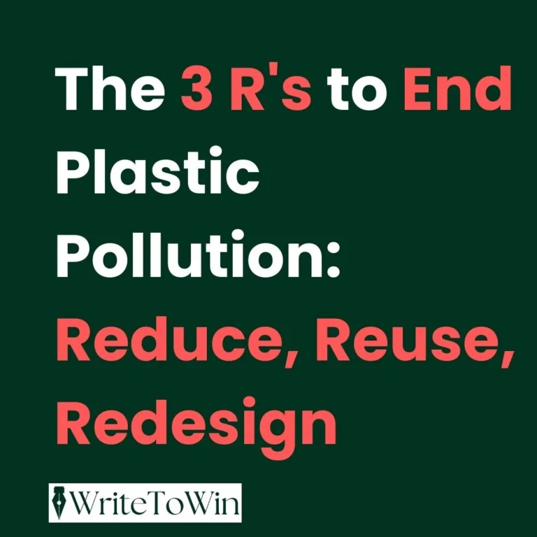 A composite image showing the 3 R's of fighting plastic pollution: a person choosing package-free produce for 'Reduce', refilling a water bottle for 'Reuse', and showcasing innovative, plastic-free product packaging for 'Redesign'.