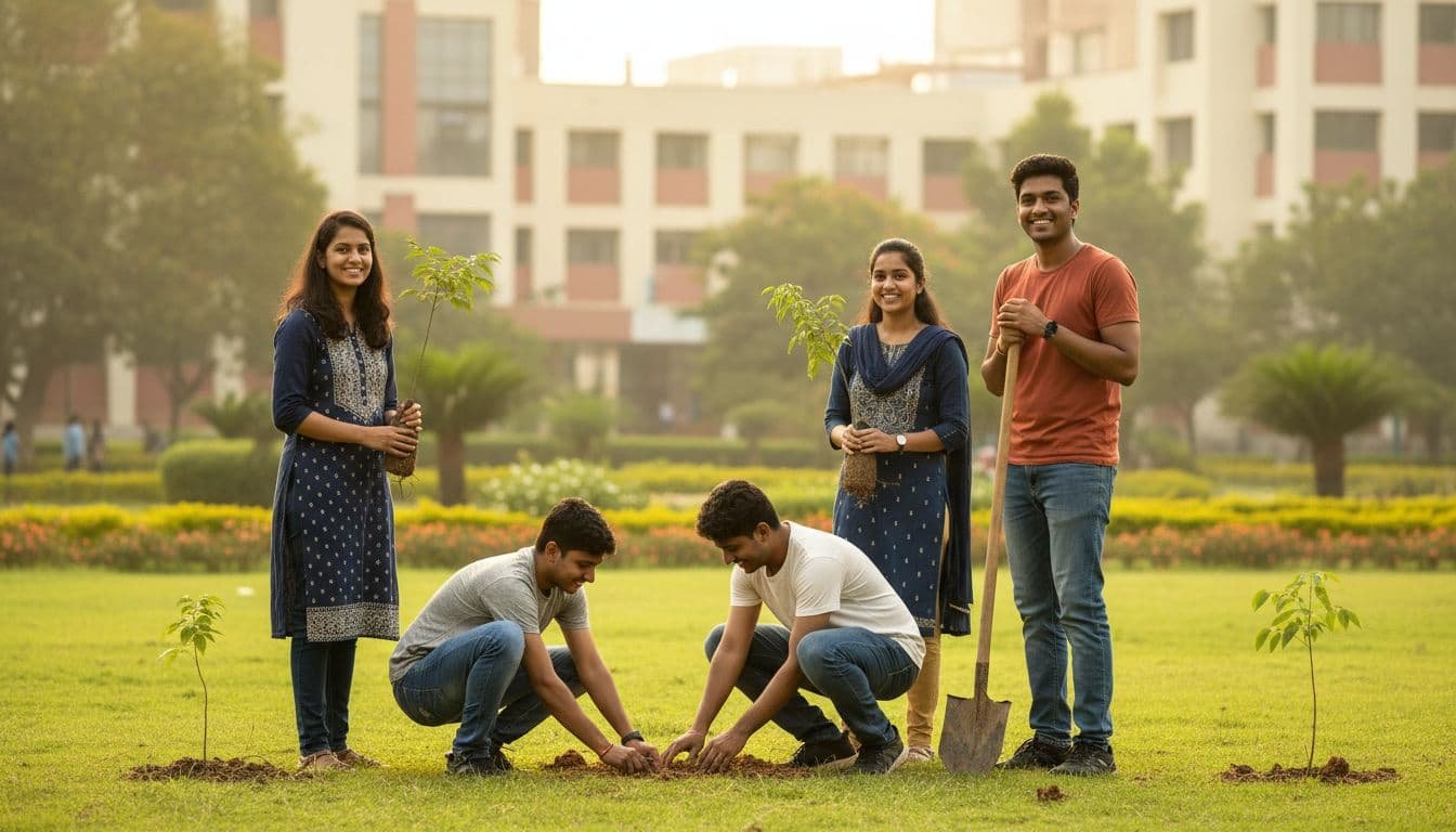 A group of five diverse Indian university students, two girls and three boys aged 18-20, smiling and working together to plant saplings on a lush green urban school campus under sunny afternoon light.