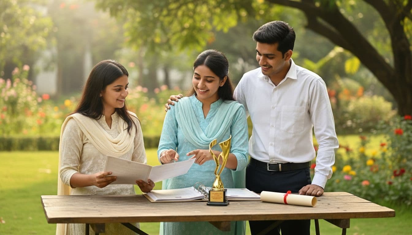 Three Indian college-age students in an outdoor green setting examine scholarship documents and a trophy on a table, one pointing to a certificate, conveying professionalism and success in soft natural light.