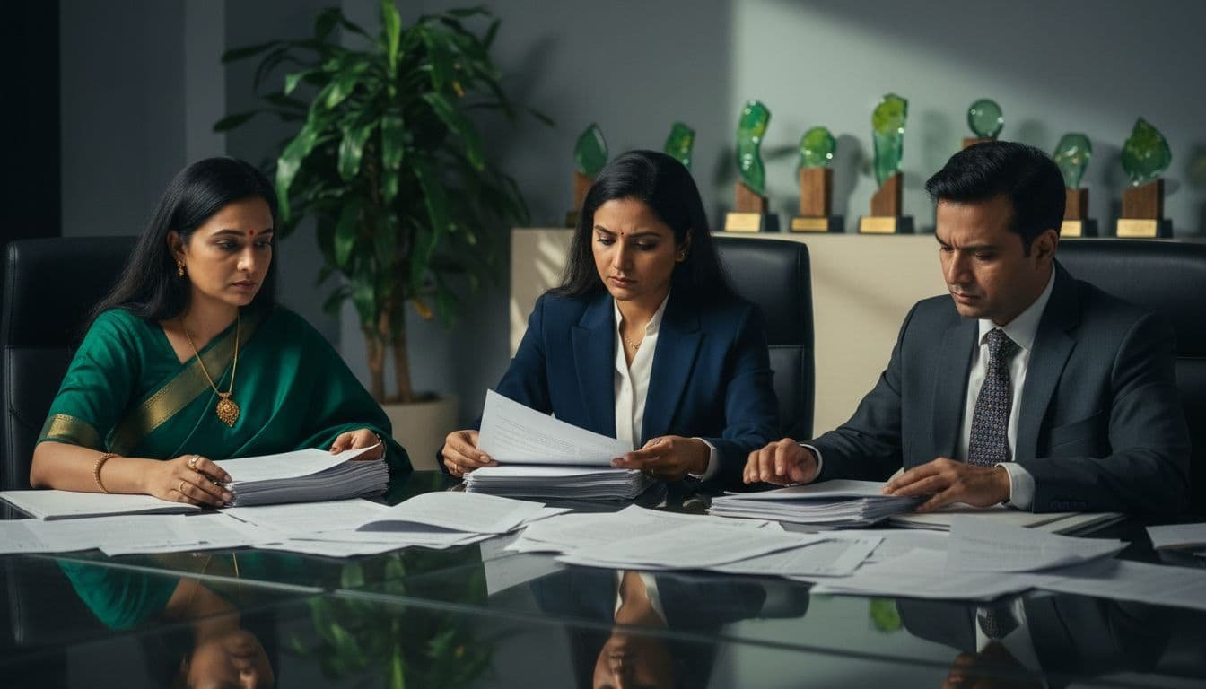 Three Indian experts in formal attire review stacks of anonymous printed articles at a conference table with plants and eco awards behind.