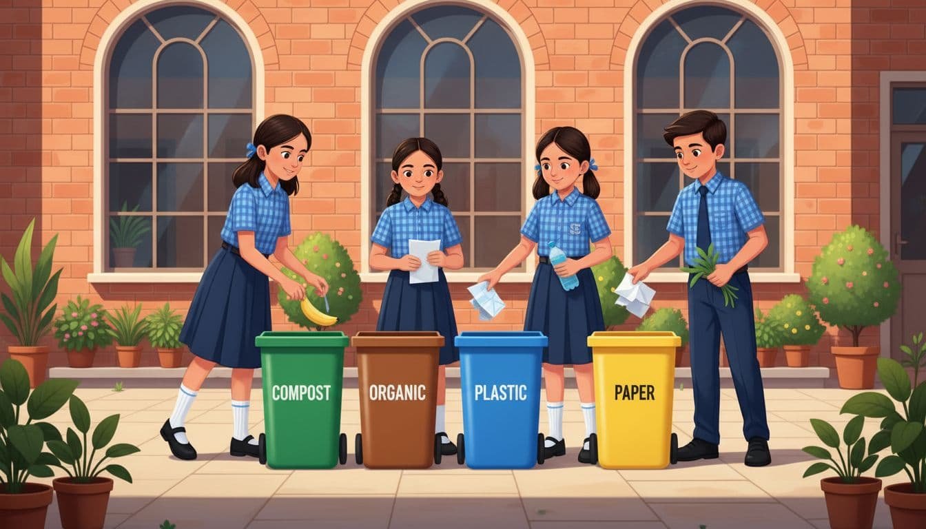 Four Indian school children from classes 6 to 8, two boys and two girls, sorting waste into compost, organic, plastic, and paper bins in a clean school courtyard with green plants, bright sunlight, and optimistic mood.