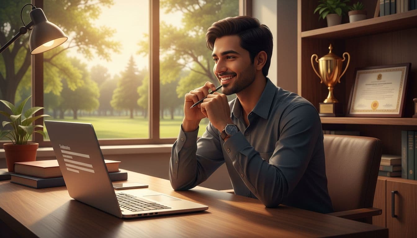 Indian university student holds pen at desk with open laptop submission form, confident smile, campus trees through window, awards on shelf.