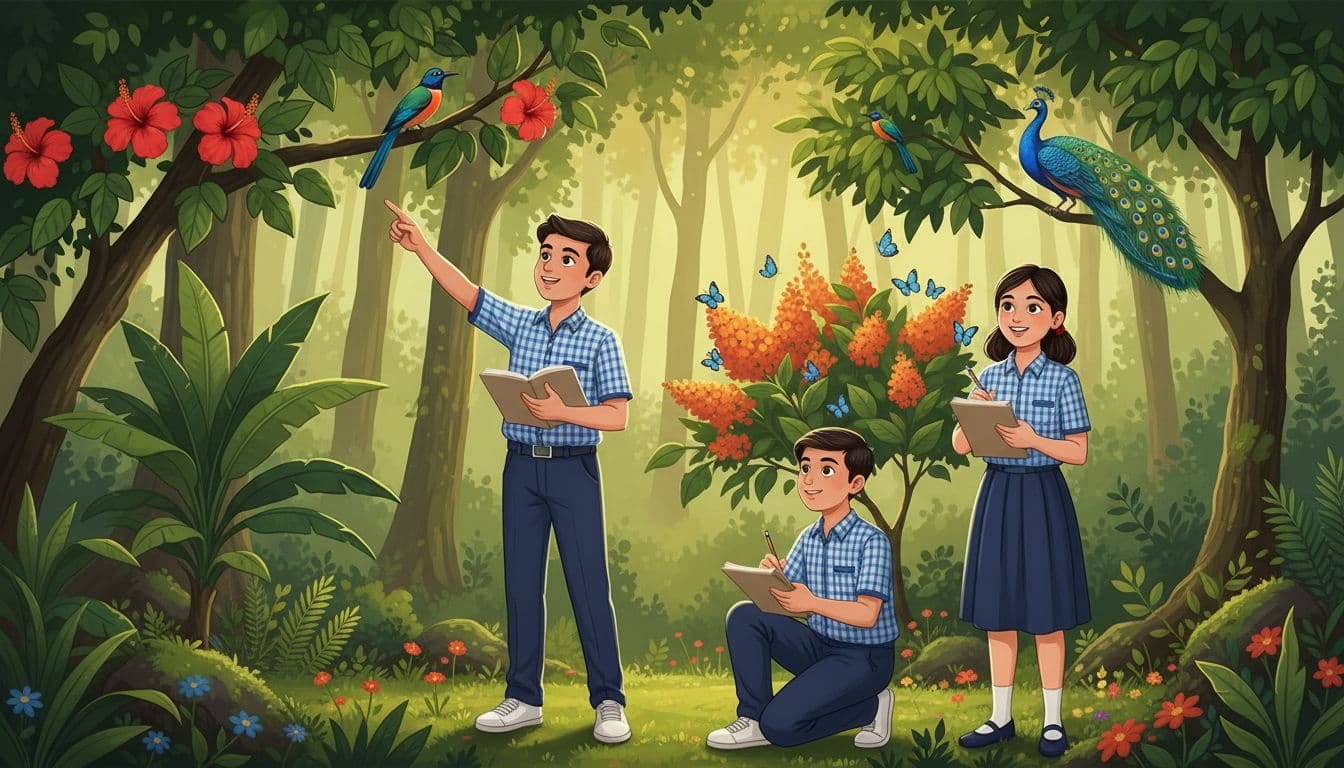 Three Indian students in school uniforms—one girl and two boys—from classes 6 to 8 explore a lush forest reserve, observing butterflies and birds on trees and flowers while holding notebooks.