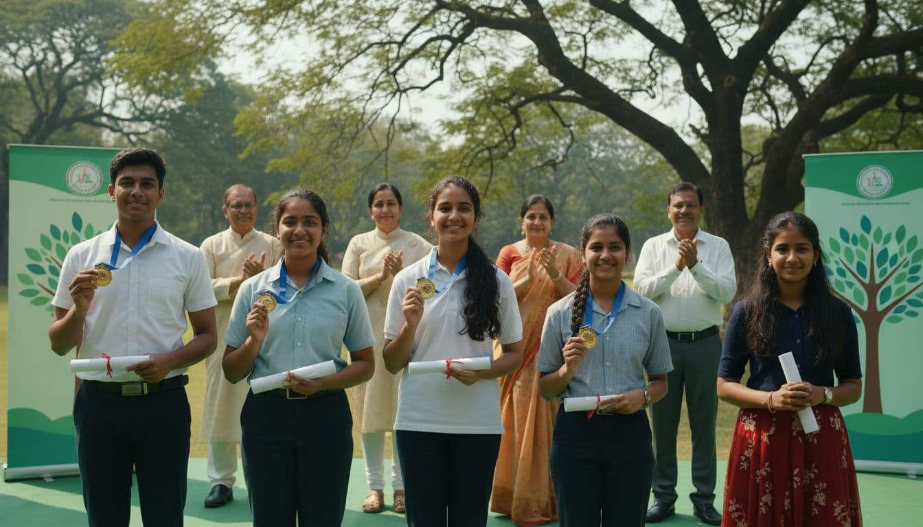 Five diverse Indian students receive gold medals and certificates on outdoor stage from two adults, three judges clapping in green campus background.
