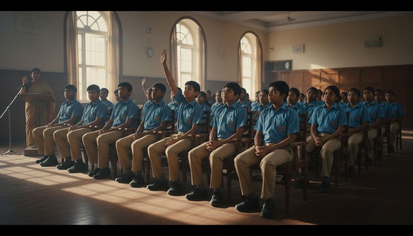 Twenty diverse Indian students aged 12-17 sit attentively in sunny school auditorium listening to teacher on stage, one raising hand.