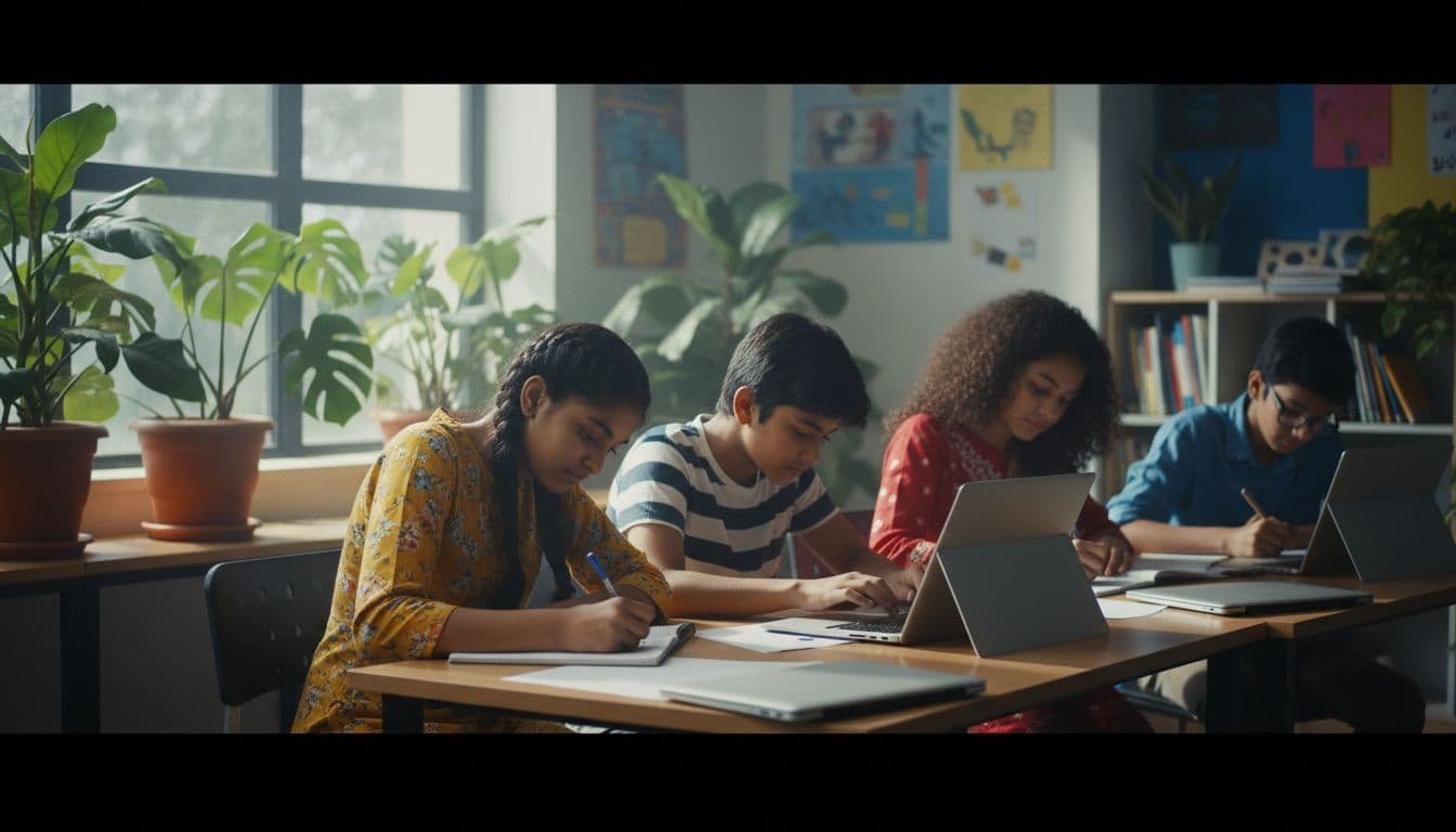 Four diverse Indian high school students write on paper and laptops in bright classroom with plants.