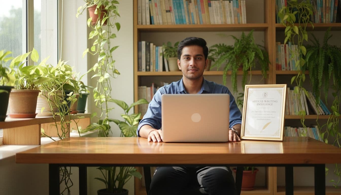 An Indian university student seated at a wooden desk in an eco-friendly library filled with plants and bookshelves, laptop open to a resume document, elegant article writing certificate on the desk, natural window lighting, polished academic style.